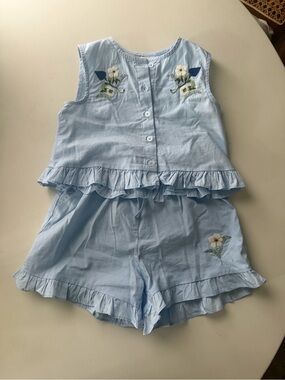 H&M Light Blue Floral Embroidered Ruffle Shorts Set